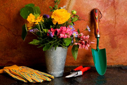 A close-up view of a gardening workspace featuring a potted flower arrangement with bright yellow, pink, and purple blooms and lush green leaves, placed on a dark countertop against a textured, warm-toned wall. To the right of the pot, there is a small green-handled trowel, indicating recent or ongoing planting activity. Nearby, a pair of red-handled pruning shears and a pair of gardening gloves with yellow and orange stripes rest on the surface, suggesting tools used for garden maintenance. The scene captures a well-organised outdoor or indoor gardening setup, emphasizing care and readiness for planting or landscaping tasks typical of a garden in Southwark or similar London areas. The lighting is natural, highlighting the vibrant colours of the flowers and the textures of the tools, reflecting a professional gardening environment consistent with services offered by Lawn Mowing Southwark and other gardening care providers in the local Southwark area.